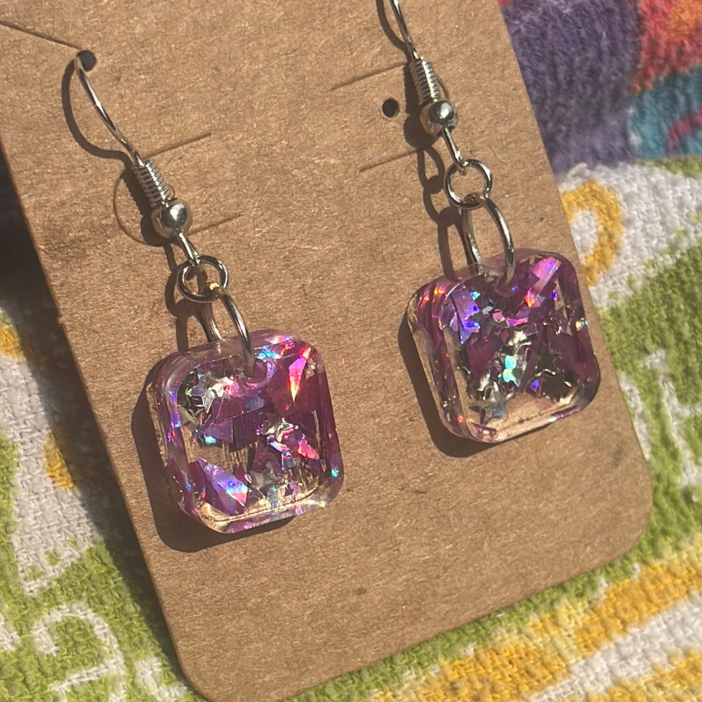 Pink and Purple Square Dangle Earrings